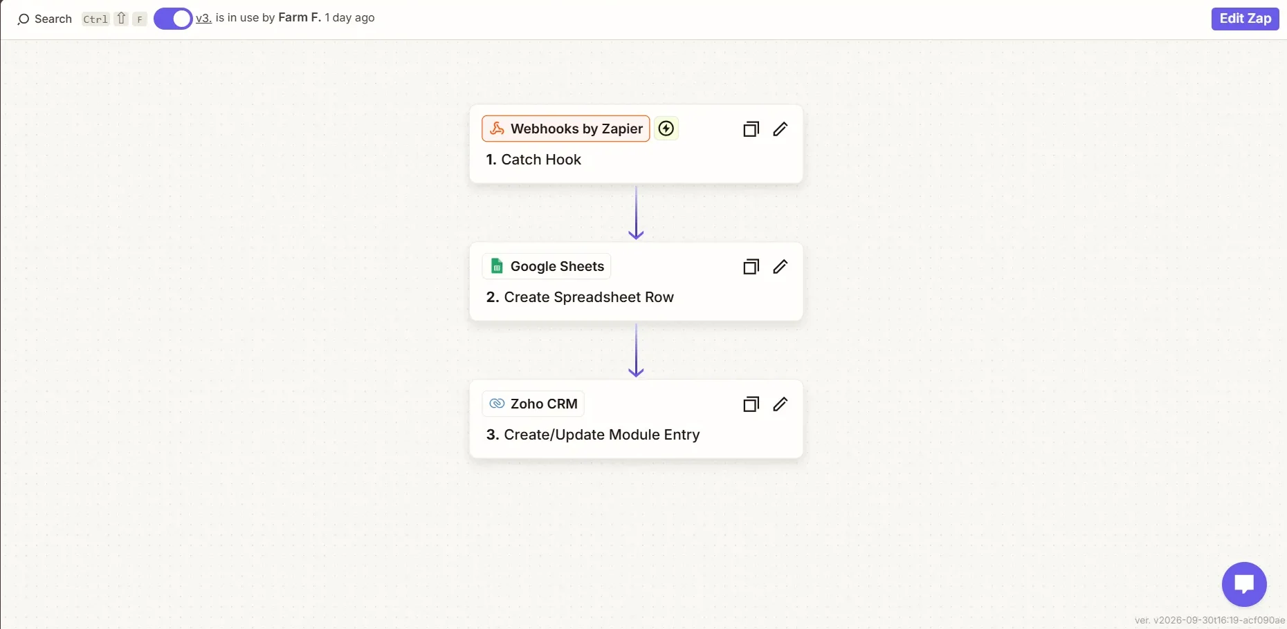 Fluent-forms-to-Google-sheet-to-Zoho-Crm Website form webhook to Google Sheets and Zoho CRM three-step Zapier workflow.